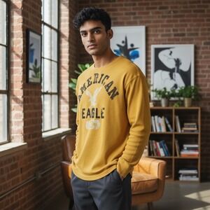 AMERICAN EAGLE Mens Vintage Thermal Graphic Shirt XXL Y2K Spellout Waffle Preppy